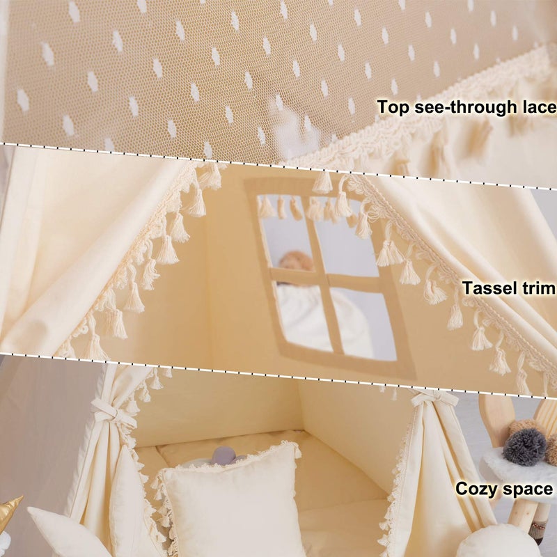 TreeBud Kids Teepee Tent with Padded Mat, Banner, Fairy Lights, Yarn Ball, Carry Bag, Beige Cotton Canvas Play Tent for Child with Tassels Lace, Play House Tipi for Kids Room Decor - Image 3